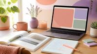 Pastel home workspace with a laptop, notebook and open reference pages.